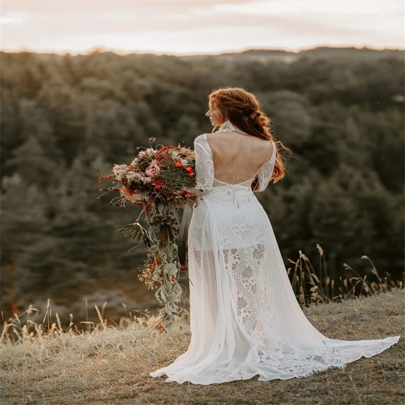 Fall Lace Boho Wedding Dress 2024 Chic Long Sleeve Chiffon Beach Bridal Dress Outdoor Garden Gatsby Western Korean Rustic Bride Vestido De Noiva Casam