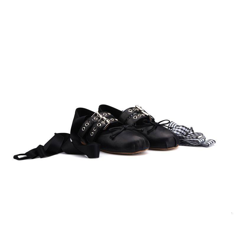 Dress Shoes French ballerina ballet flat s soft leather bow lace up shallow Metallic belt trim car stitching cross straps buckle 230925