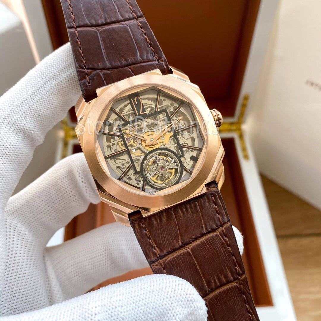Top Fashion Automatic Mechanical Self Winding Watch Men Gold Silver Black Transparent Hollow Dial 42mm Classic Tourbillon Wristwatch Leather Strap Clock 617L