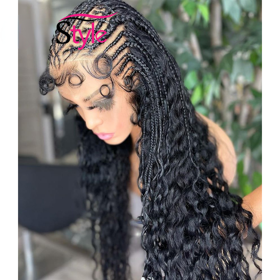 Peruvian 28 Cornrow Braids Lace Wigs 13x4 Lace Frontal Wig Braided Curly Lace Front Wig With Baby Hair Frontal Afro Wig For Black Women