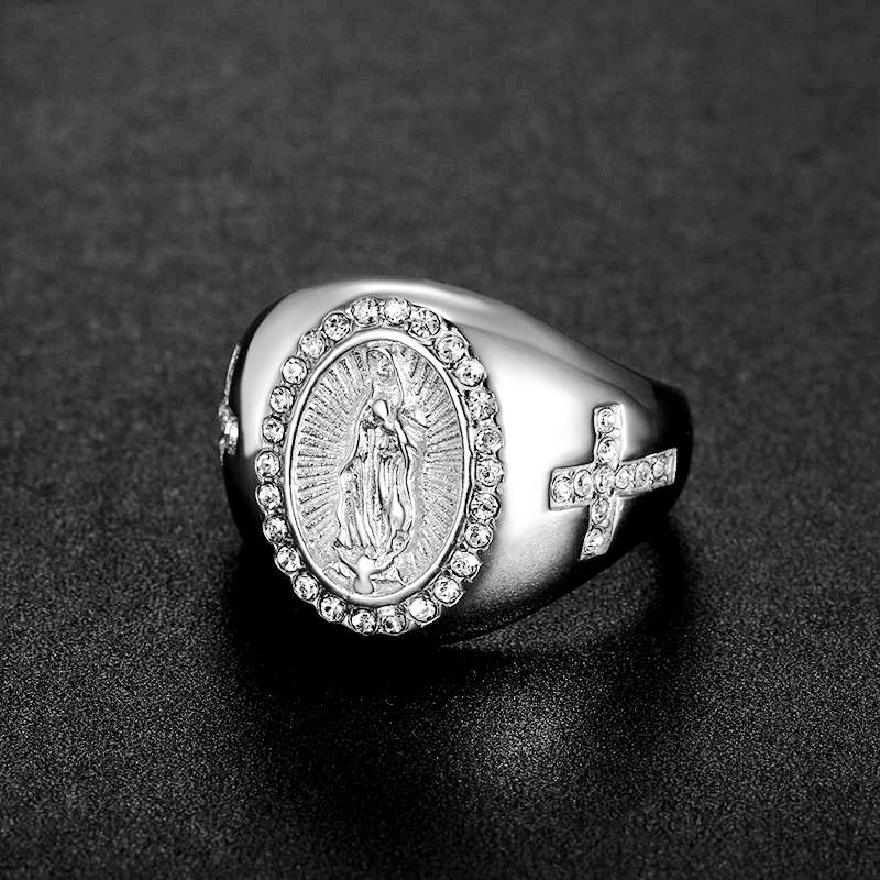 Stainless Steel Cross Casting Finger Ring Hip Hop White Zircon Religious Jewelry Bling 18K Gold Plated