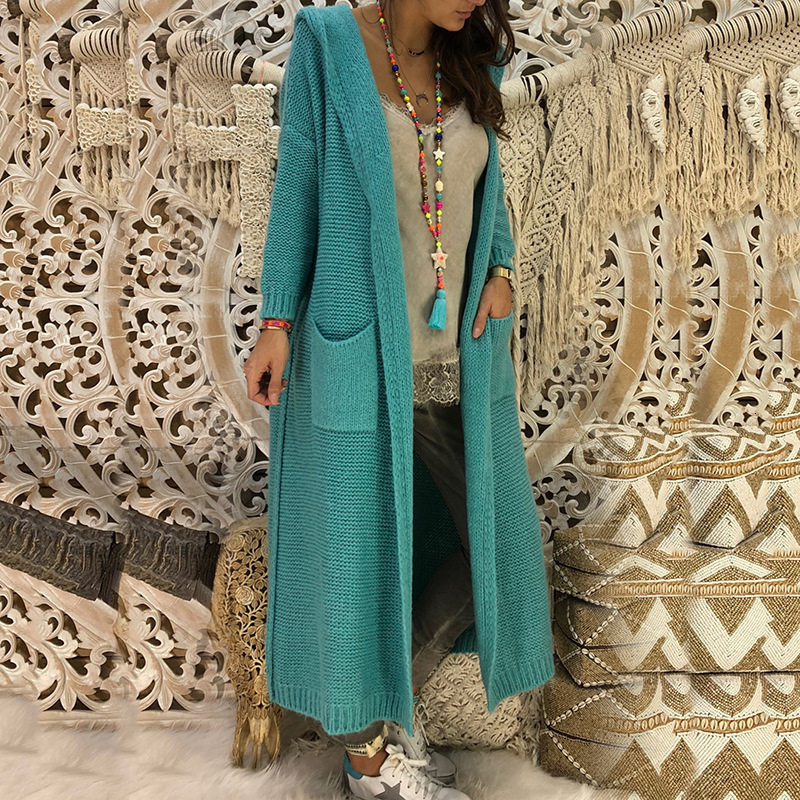 Long Knitted Cardigan Sweaters Tops Fall Women Fashion Double Pockets Hooded Sweters Femme Mujer Coat Streetwear 201202