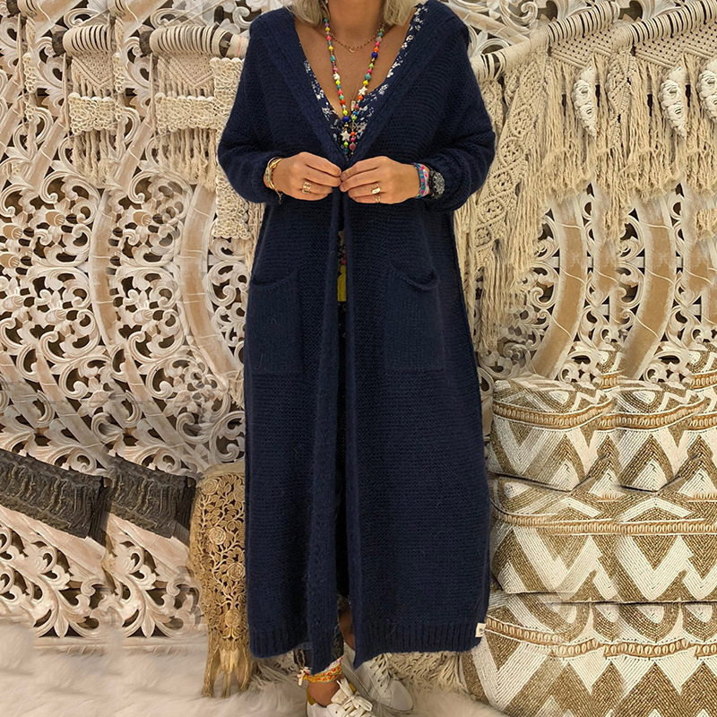 Long Knitted Cardigan Sweaters Tops Fall Women Fashion Double Pockets Hooded Sweters Femme Mujer Coat Streetwear 201202