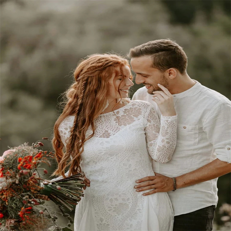 Fall Lace Boho Wedding Dress 2024 Chic Long Sleeve Chiffon Beach Bridal Dress Outdoor Garden Gatsby Western Korean Rustic Bride Vestido De Noiva Casam
