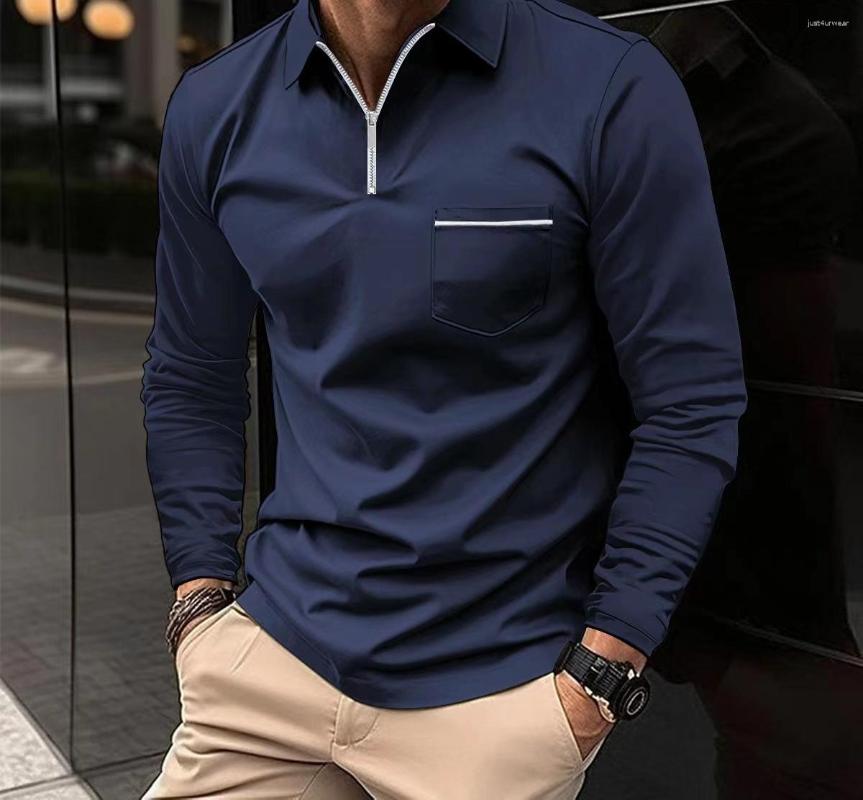 Polo T-shirts for Men Fashion Versatile Casual Solid Color Zip Pocket Long Sleeved Sports Loose Fitting Shirt Autumn