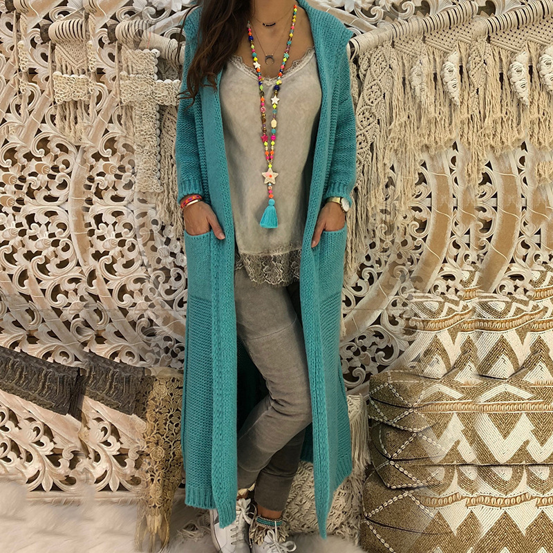 Long Knitted Cardigan Sweaters Tops Fall Women Fashion Double Pockets Hooded Sweters Femme Mujer Coat Streetwear 201202