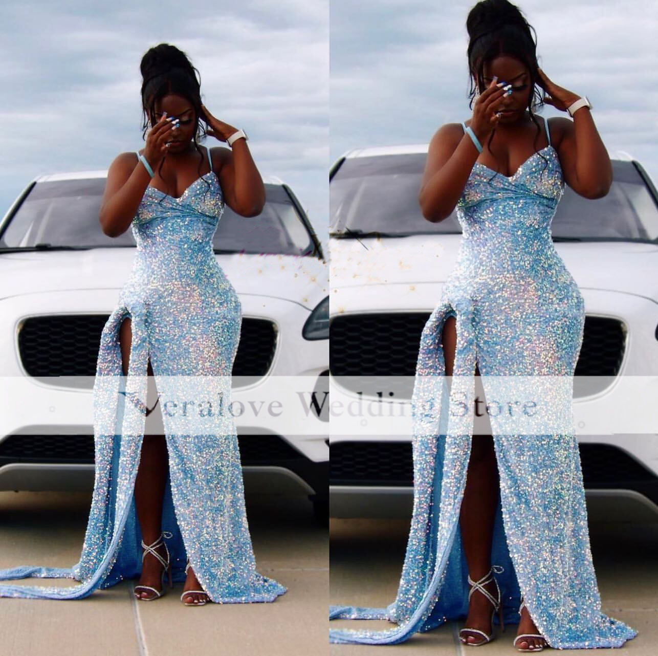 Red Sparkly Sequined African Girl Birthday Dresses Slit Prom Outfit Beading Vestidos De Graduacion Cocktail Party Dress