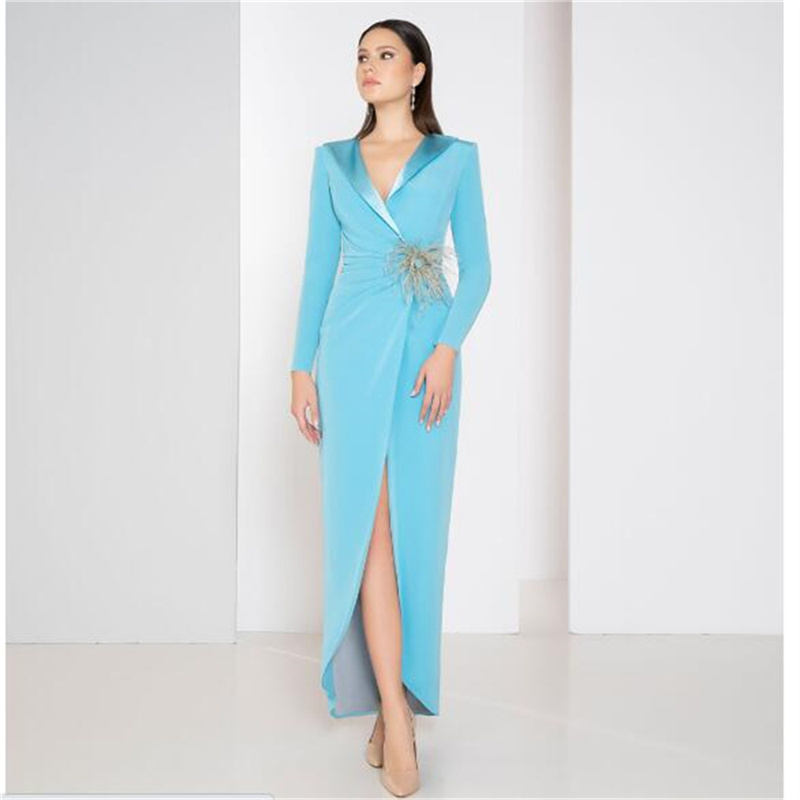 Elegant Party Dresses For Women Long Sleeve Formal Saudi Arabia Prom Dresses 2023 Party Wear Trail High Split Pageant Evening Gowns