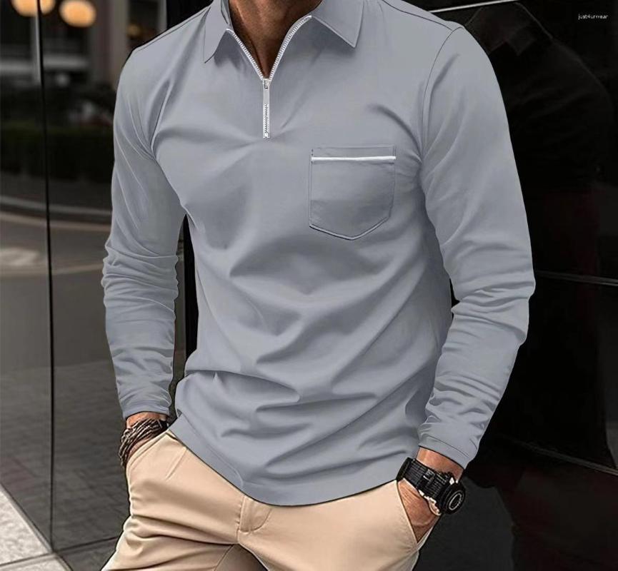 Polo T-shirts for Men Fashion Versatile Casual Solid Color Zip Pocket Long Sleeved Sports Loose Fitting Shirt Autumn