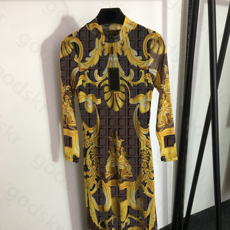 Vintage Print Long Sleeve Dresses Women Fashion Brand Stand Collar Dress Sexy Full Waist Dress