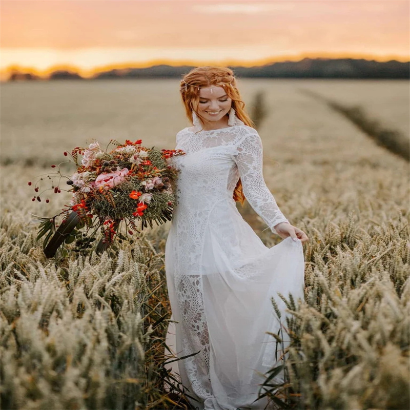 Fall Lace Boho Wedding Dress 2024 Chic Long Sleeve Chiffon Beach Bridal Dress Outdoor Garden Gatsby Western Korean Rustic Bride Vestido De Noiva Casam