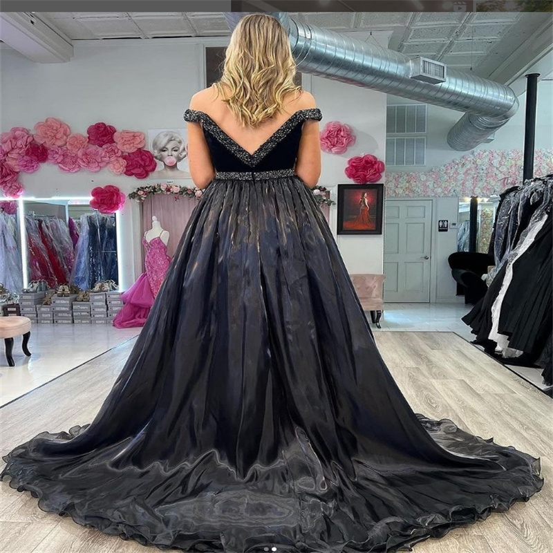 New Black Velvet Prom Dress With Overskirt Train Off Shoulders Beaded High Slit Evening Dress 2024 Formal Night Dance Birthday Vestidos De Noche Robes