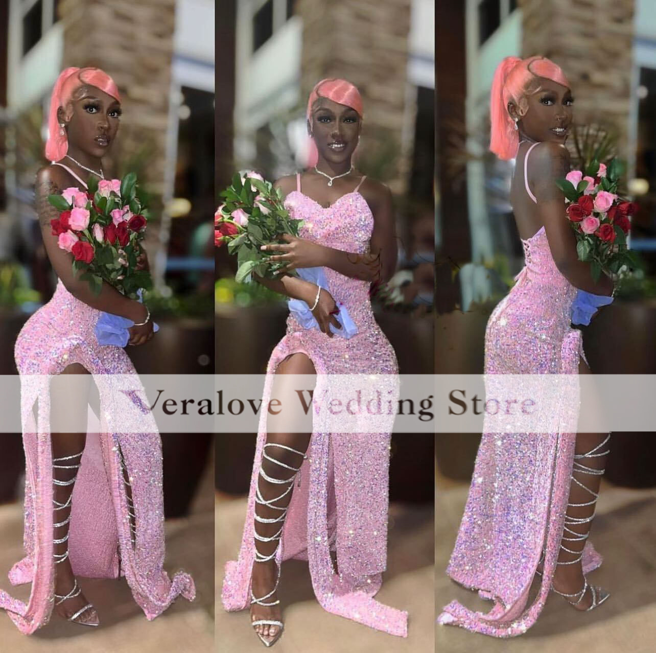 Red Sparkly Sequined African Girl Birthday Dresses Slit Prom Outfit Beading Vestidos De Graduacion Cocktail Party Dress