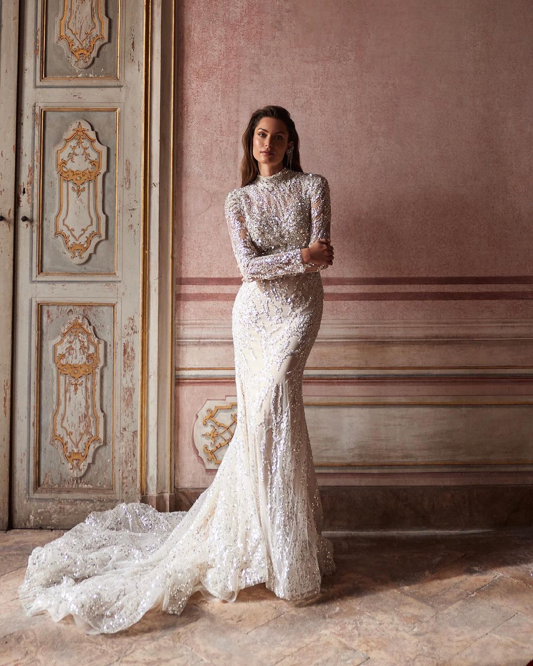 Fashion Lace Shine Mermaid Evening Dresses Chain Backless Ball Gown Long-Sleeve Plus Size Brush Train Bridal Gowns Dress Customized D-H23386