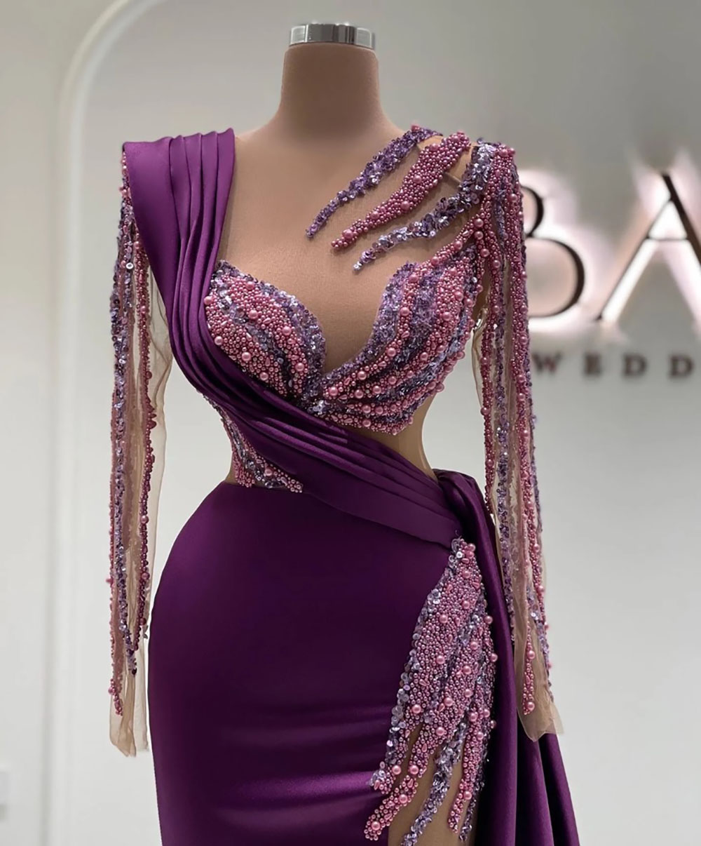 Evening Dresses Purple Prom Party Gown Formal Mermaid Sweetheart Long Sleeve Beaded New Custom Plus Size Zipper Lace Up Sequins Satin Thigh-High Slits