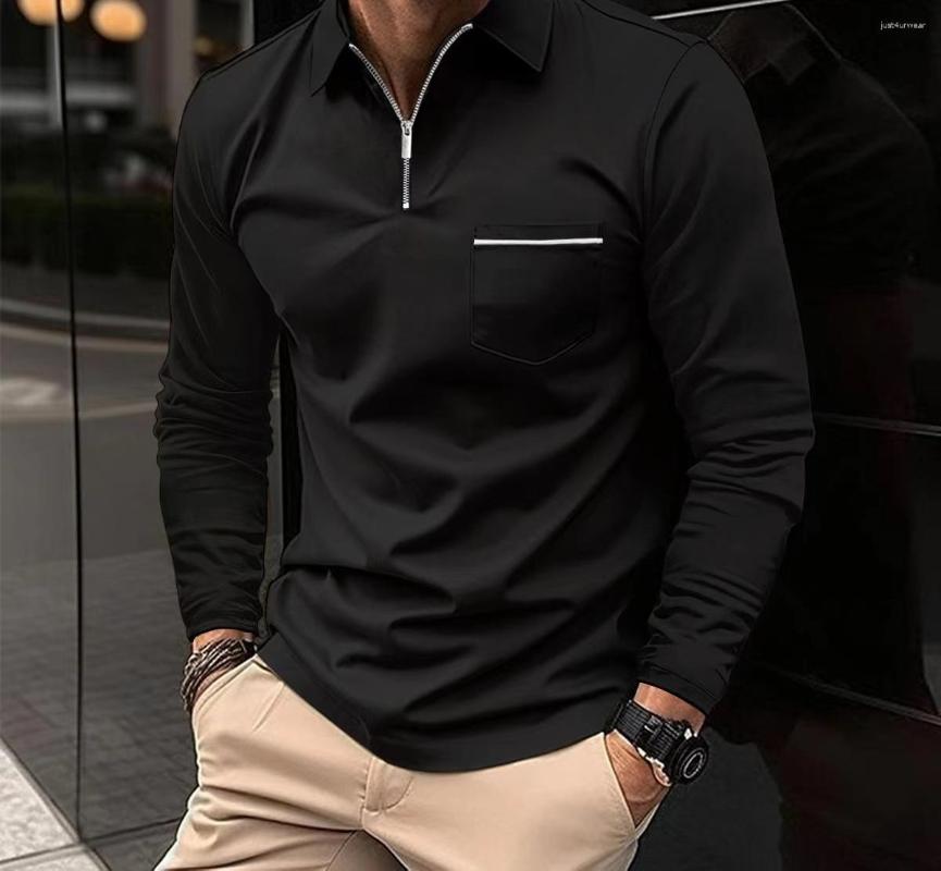 Polo T-shirts for Men Fashion Versatile Casual Solid Color Zip Pocket Long Sleeved Sports Loose Fitting Shirt Autumn