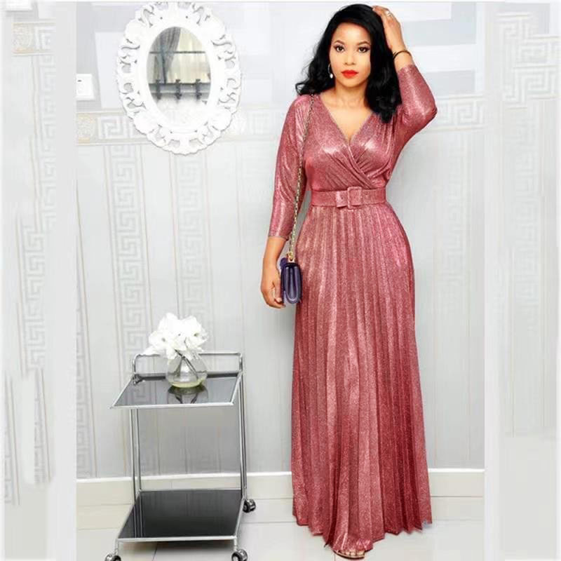 Ful Shiny Mothers Dresses V Neck Sleeve Bg Lace Appliqued Mother Of The Bride Dress With Belt Ruched Long Wemen Plus Size Formal Gown Ladies For 66603