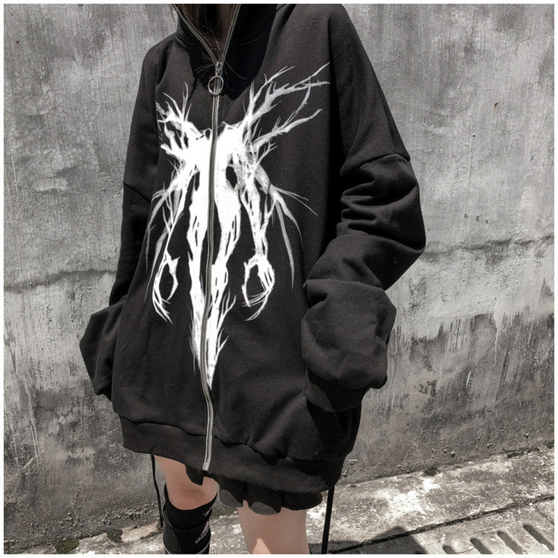 Women's Hoodies Sweatshirts Unisex Teenage Punk Gothic Street Hoodies Front Zip Up Sweatshirt Jacket Coat Sweatshirt Plus Size 2XL Women Hoodies 