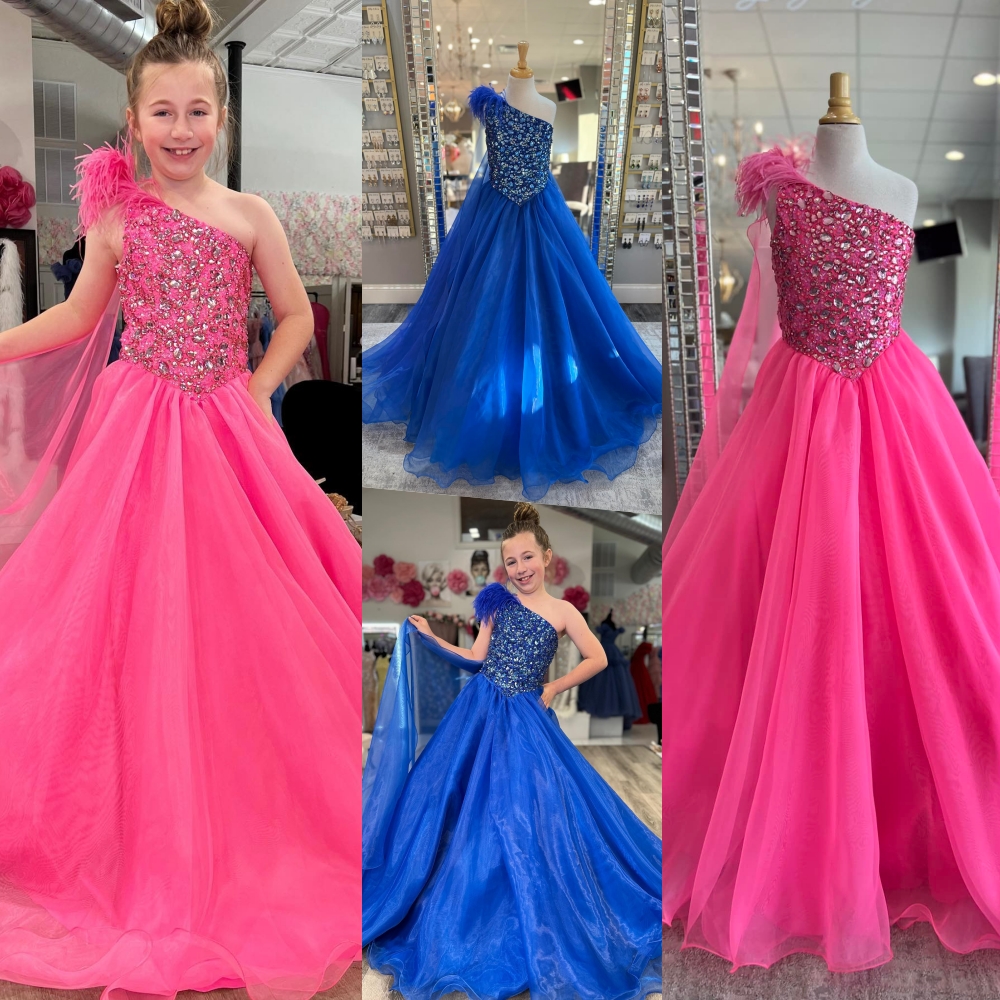 One-Shoulder Ballgown Girl Pageant Dress 2026 Crystals Feather Little Kid Birthday Formal Party Gown Preteen Toddler Teens Tiny Young Junior Miss Royal Blue Fuchsia
