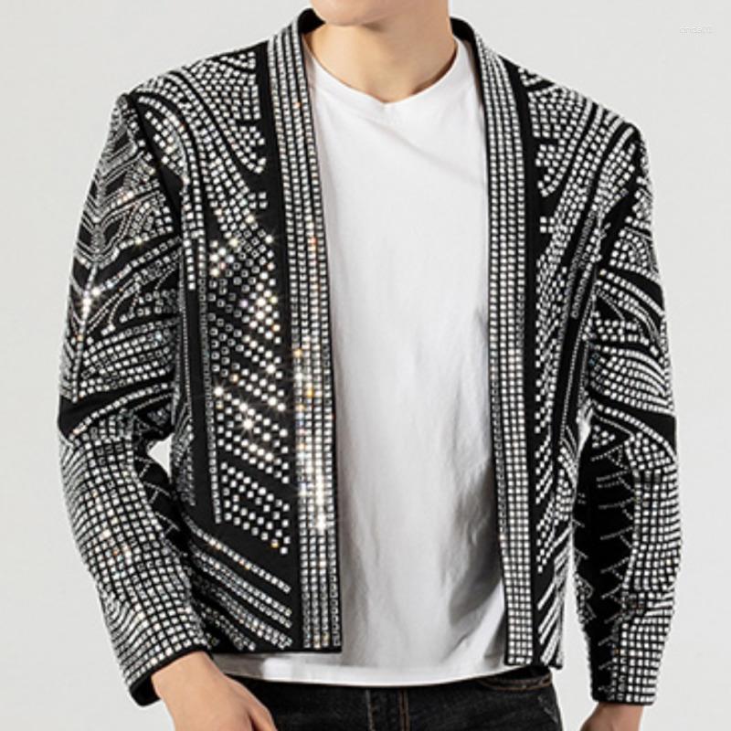 Men's Jackets Black Full Rhinestones Jacket Men Coat Drill Punk Club Outfit Jaqueta Bomber Diamond