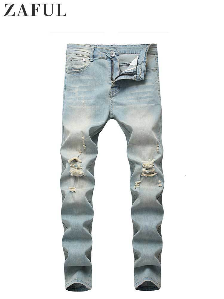 Mens Jeans Solid Faded Ripped Frayed Denim Midwaist Slim Fitted Pants Anklelength Zipper Trousers with Pocket 230925