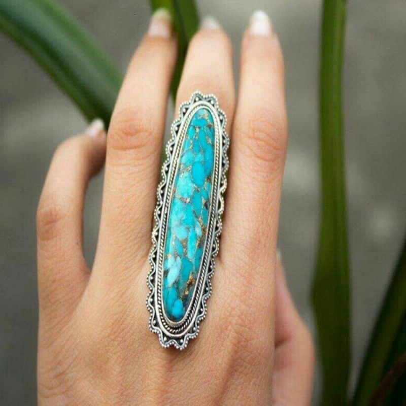 Wedding Ring s Ring Bohemia Retro Geometry Natural Turquoise silver Color Inlaid Flower ring Party Jewelry Accessories 230926