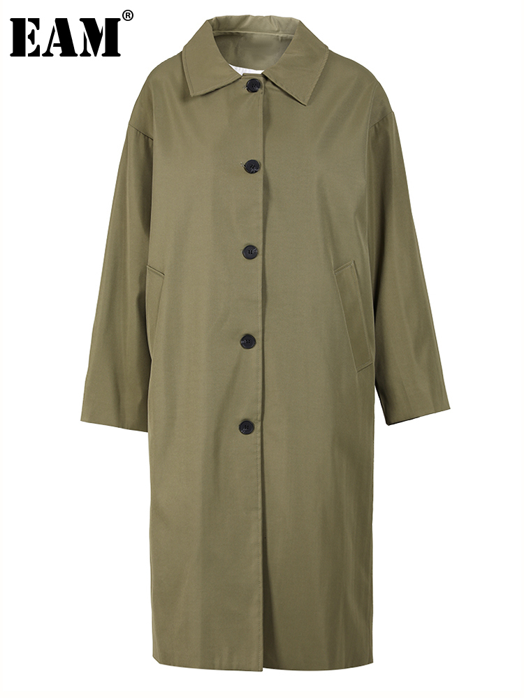 Womens Wool Blends EAM Green Brief Big Size Trench Women Lapel Long Sleeve Loose Fit Windbreaker Fashion Spring Autumn CPG0124 230925