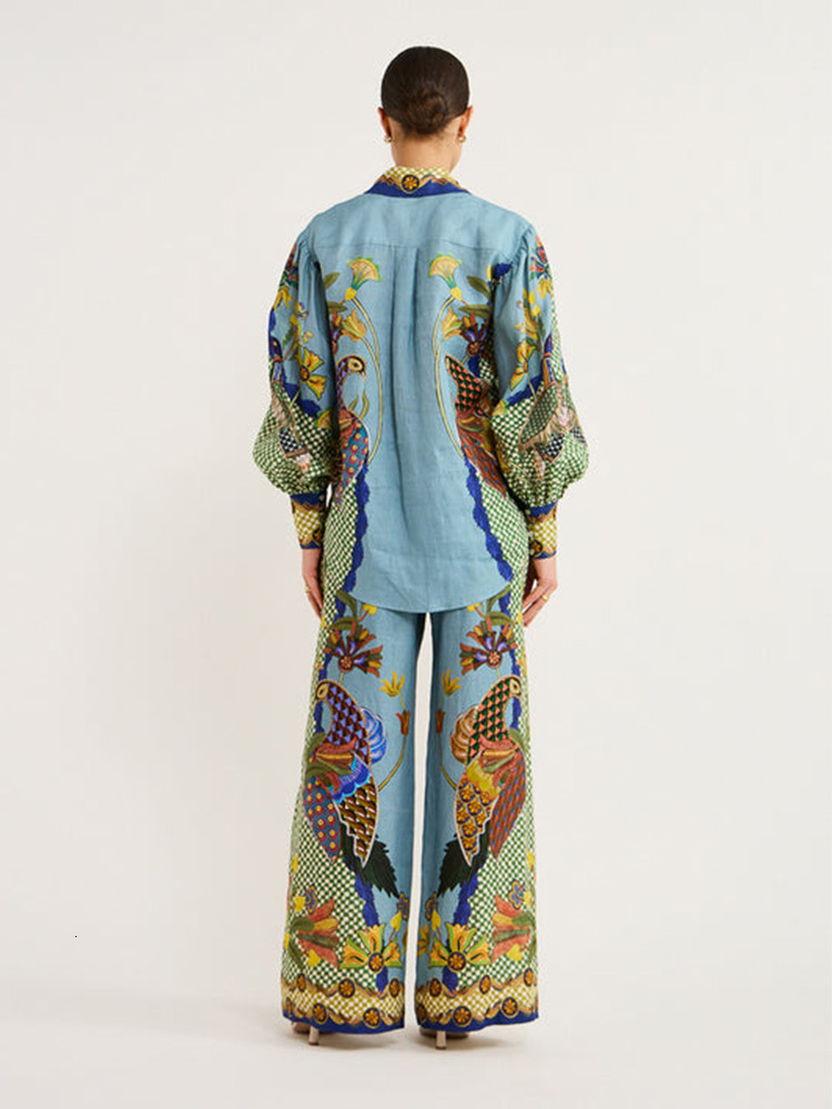 Womens Two Piece Pants In Birds Flower Printed Set Women Lantern Sleeve Lapel Shirts High Waist Flare Suit For Outfits 230925