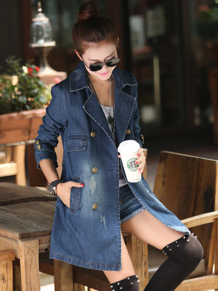 Women's Jackets Jean Jacket for Women Autumn/Winter Fashion Polo Mid Length Casual Double Breasted Belt Denim Trench Coat Women Jacket Top 230925