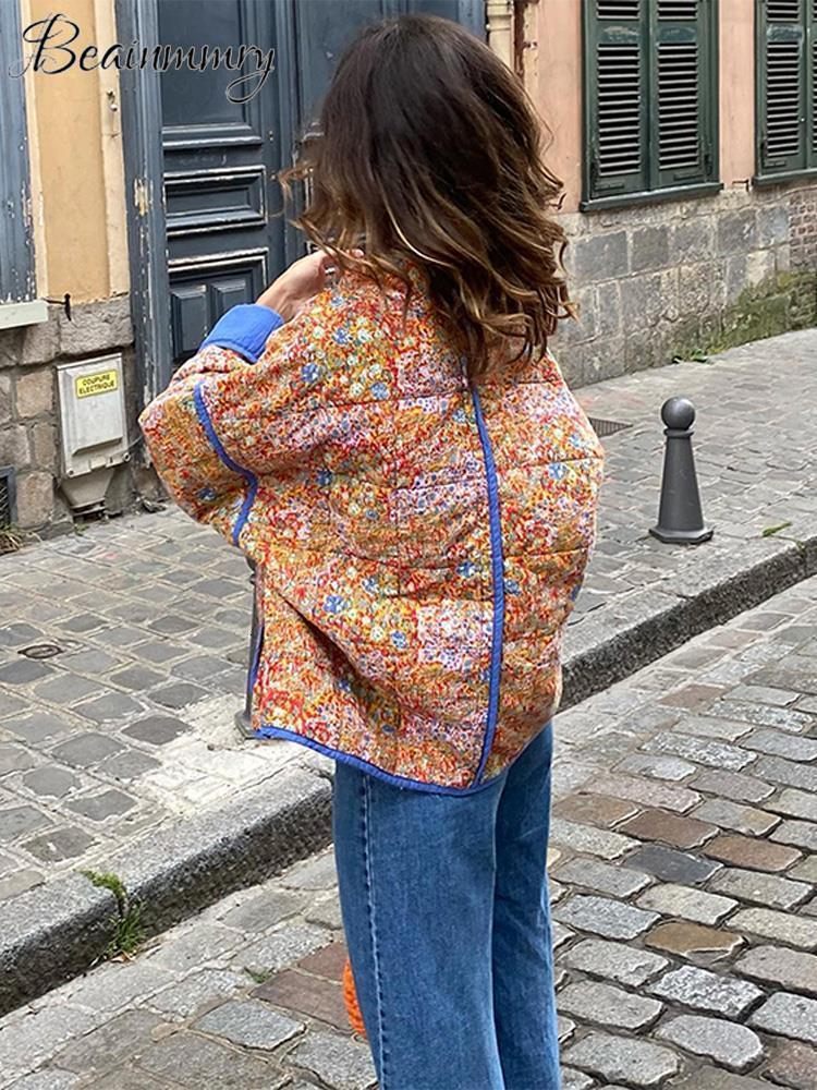 Womens Down Parkas Ptint Long Sleeve Cotton Coat Stand Collar Pockets Patchwork Open Female Coats Fashion Orange Elegnt Loose Lady Clothes 230925