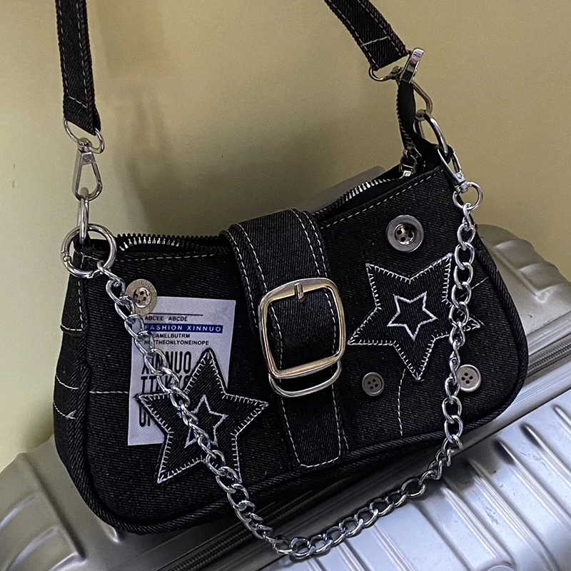 Evening Bags Y2K Fashion Women Denim Handbags Stars Pattern Cute Shoulder Bag Korean Chain Small Underarm Preppy Tote Crossbody 230926