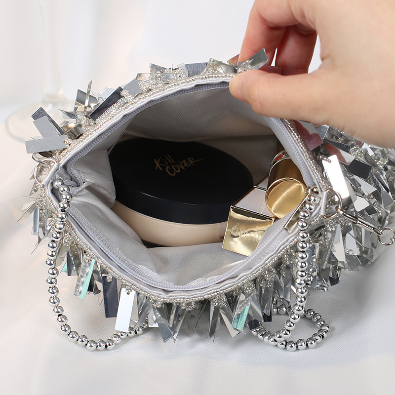 Evening Bags Silver Sequin Tassel Women small Crossbody Handmade Beaded Ladies Party Clutch Purse Fashion Handbags B473 230926