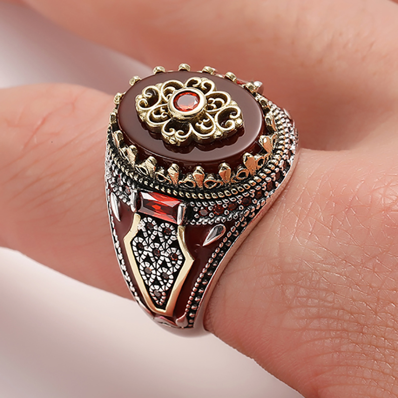 Wedding Rings Retro Handmade Islamic Men Ring Vintage Turkish Double Swords Black Red CZ Stone Punk Trendy Religious Muslim Jewelry 230926