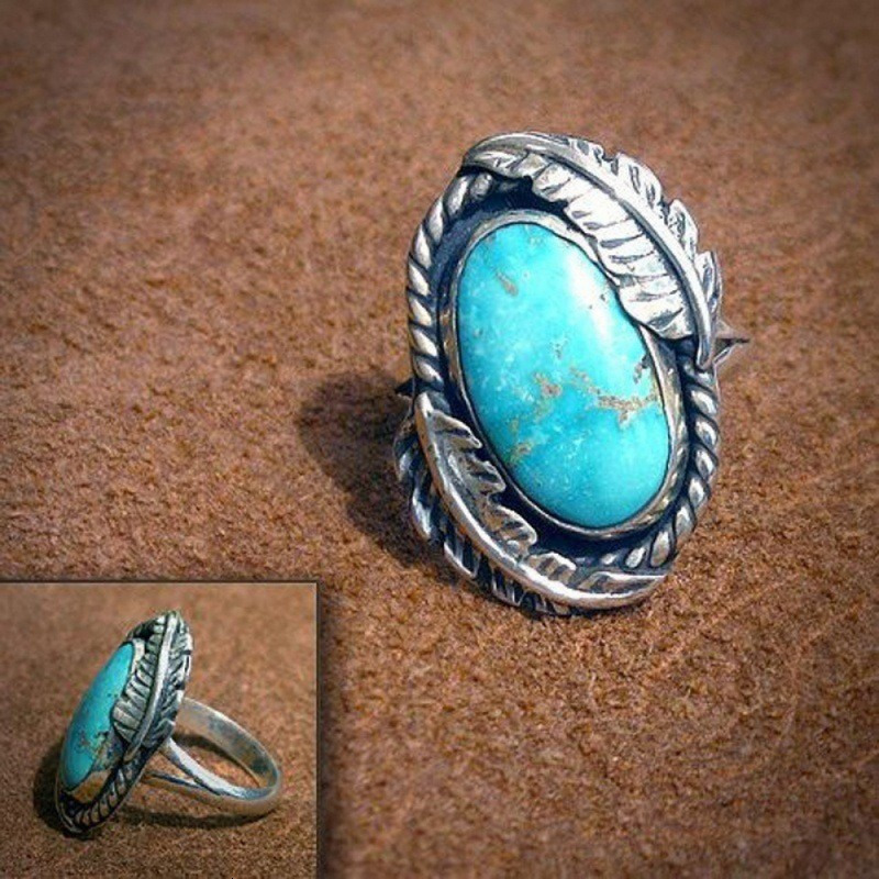 Wedding Ring s Ring Bohemia Retro Geometry Natural Turquoise silver Color Inlaid Flower ring Party Jewelry Accessories 230926