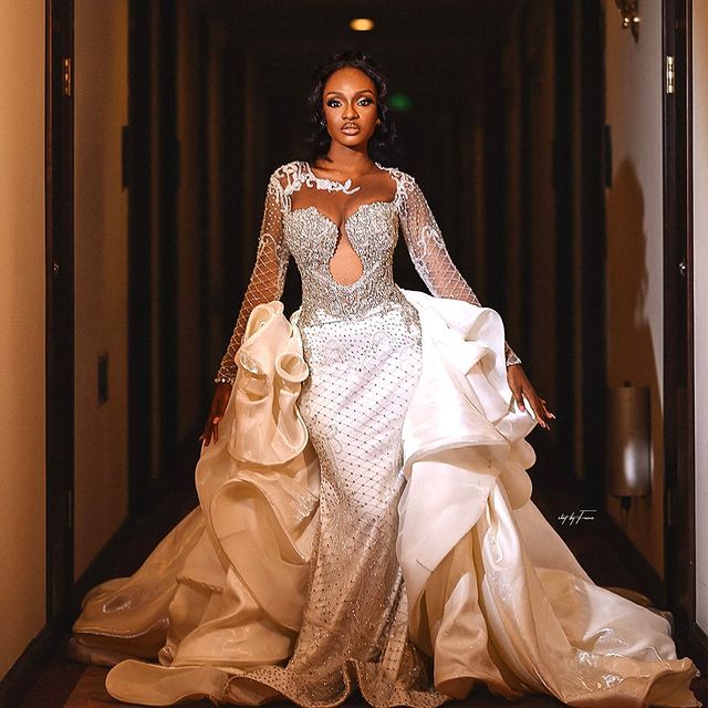 2023 Oct Arabic Aso Ebi Plus Size Mermaid Ivory Wedding Dress Beaded Crystals Lace Bridal Gowns Dresses ZJ105