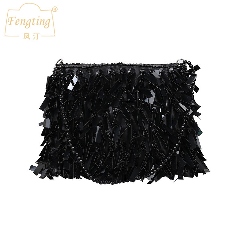 Evening Bags Silver Sequin Tassel Women small Crossbody Handmade Beaded Ladies Party Clutch Purse Fashion Handbags B473 230926