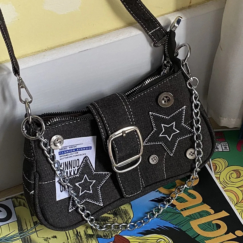 Evening Bags Y2K Fashion Women Denim Handbags Stars Pattern Cute Shoulder Bag Korean Chain Small Underarm Preppy Tote Crossbody 230926