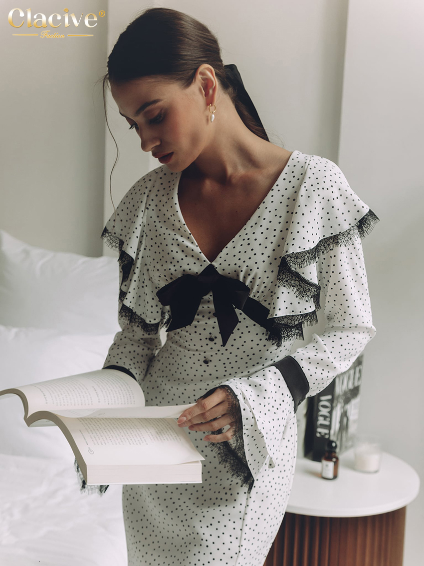 Basic Casual Dresses Clacive Sexy Slim Print WomenS Dress Fashion VNeck Long Sleeve Midi Vintage Classic Lace Spliced Female 230926