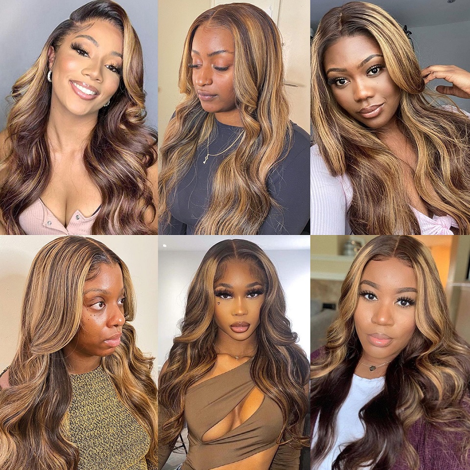 Free shipping 40 inch Brazilian Human Hair Ombre Highlight Body Wave Wigs Blonde 13X4 Lace Front HD Frontal Synthetic Wig For Women 220%