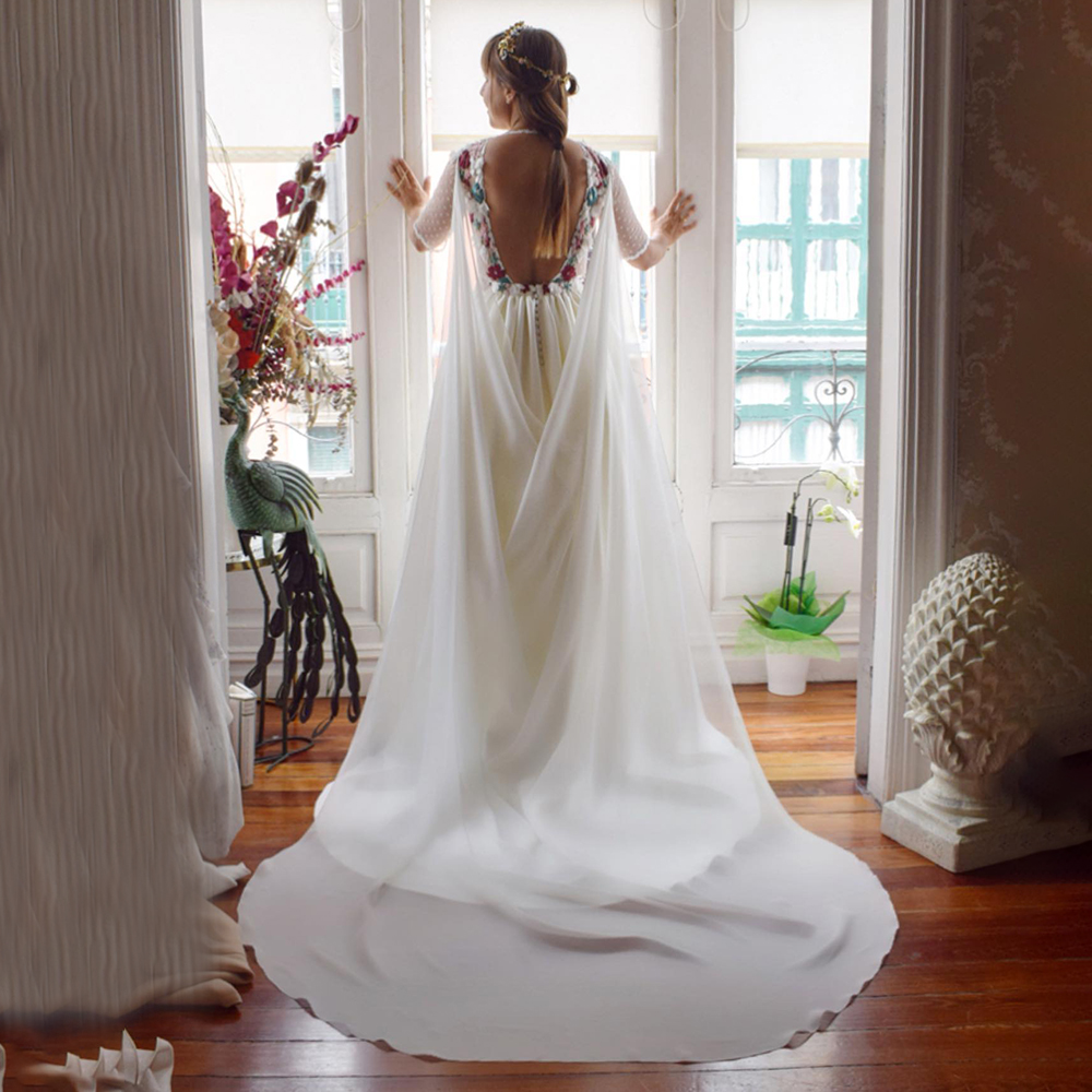 Stylish Civil A Line Wedding Dresses V Neck Half Sleeve Bridal Gown with Detachable Train Embroidered Flowers Backless Vestidos De Novia