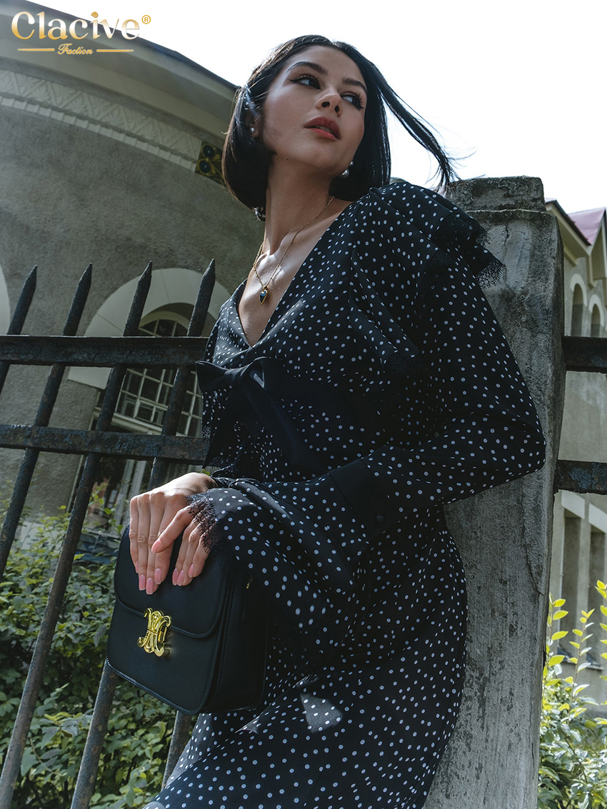 Basic Casual Dresses Clacive Sexy Slim Print WomenS Dress Fashion VNeck Long Sleeve Midi Vintage Classic Lace Spliced Female 230926