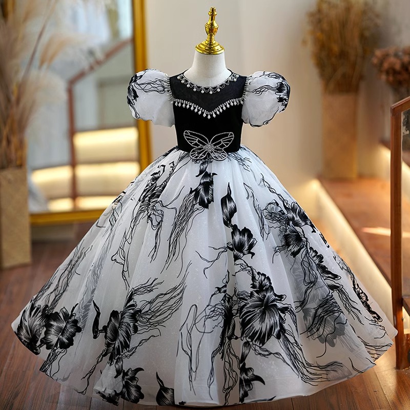White Black Ball Gown Wer Girl Dresses For Wedding Pearls Beaded Butterfly Pageant Gowns Orange Sheer Bateau Necke Tulle Princess Party First Communio