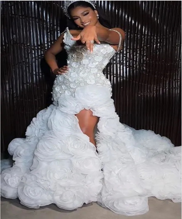 Gorgeous White Mermaid Wedding Handmade Wers Side Slit Vestidos De Novia Ball Ral Beaded Straps African Bridal Dress