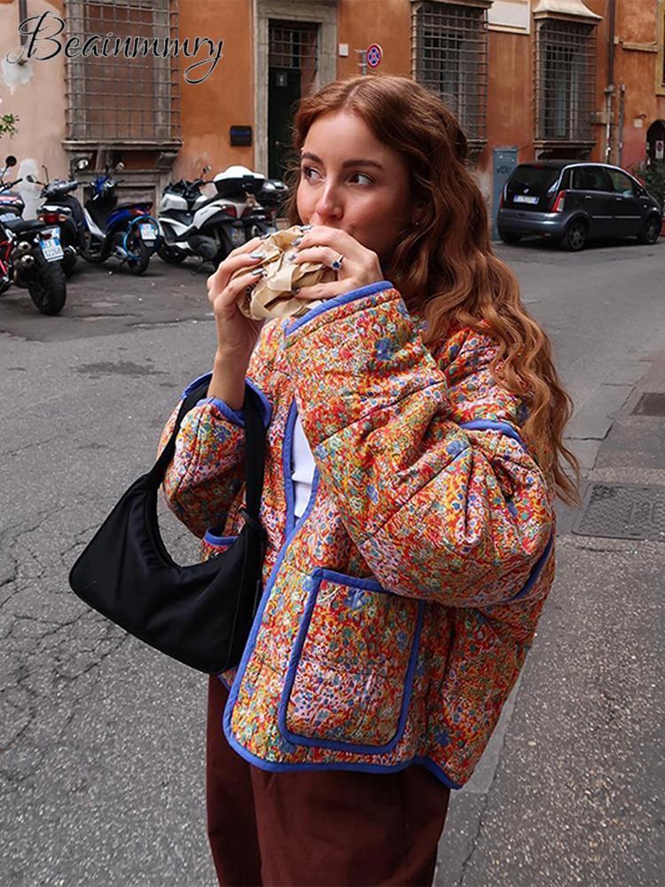 Womens Down Parkas Ptint Long Sleeve Cotton Coat Stand Collar Pockets Patchwork Open Female Coats Fashion Orange Elegnt Loose Lady Clothes 230925