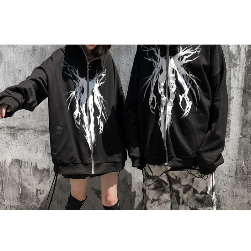 Women's Hoodies Sweatshirts Unisex Teenage Punk Gothic Street Hoodies Front Zip Up Sweatshirt Jacket Coat Sweatshirt Plus Size 2XL Women Hoodies 