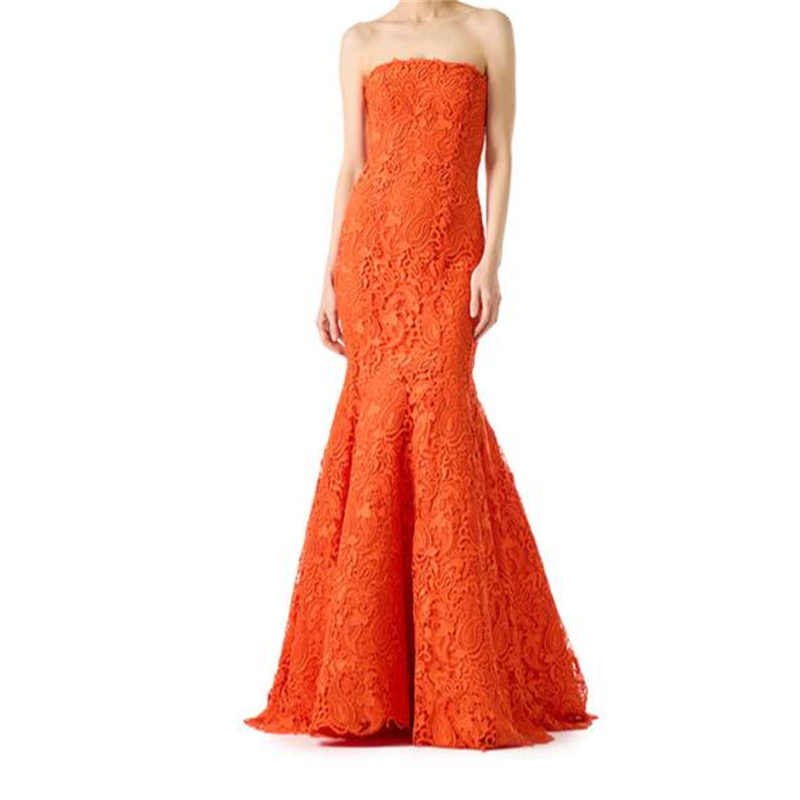 Elegant Strapless Evening Night Dress For Women 2023 Sexy Sleeveless Mermaid Short Train Full Lace Long Orange Prom Party Gowns