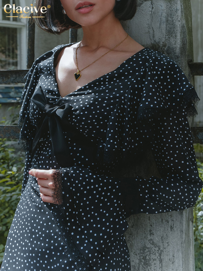Basic Casual Dresses Clacive Sexy Slim Print WomenS Dress Fashion VNeck Long Sleeve Midi Vintage Classic Lace Spliced Female 230926