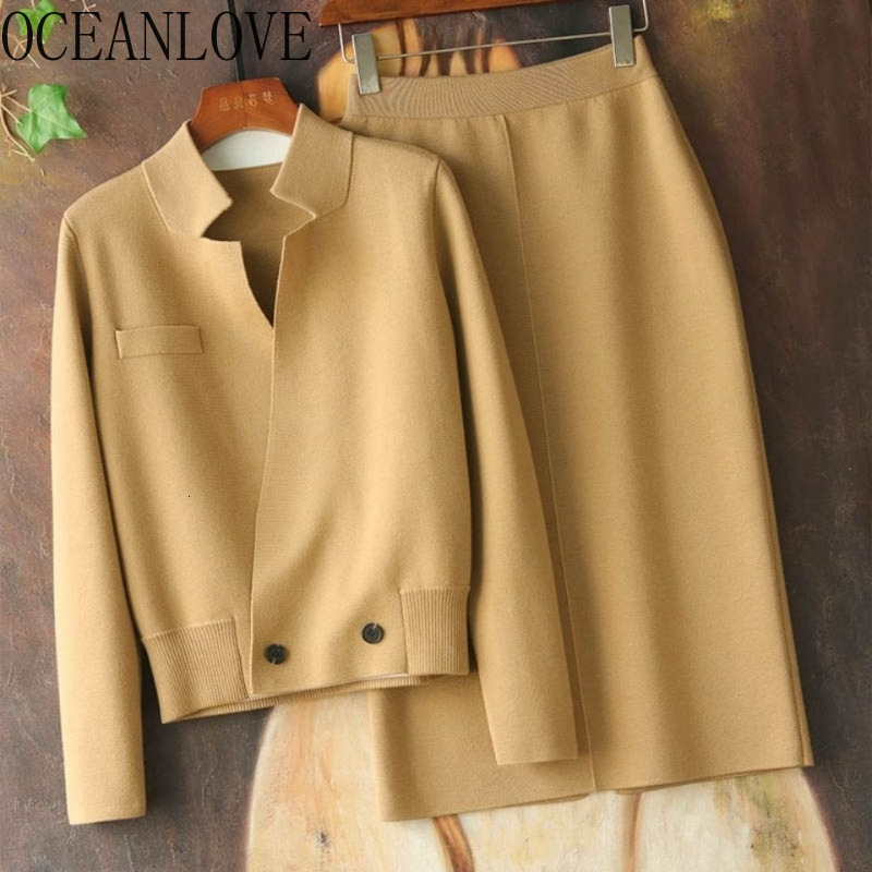 Two Piece Dress OCEANLOVE Office Lady Skirts Sets Solid Autumn Winter Womens Outifits Vintage Work Fashion Conjuntos De Falda 230925