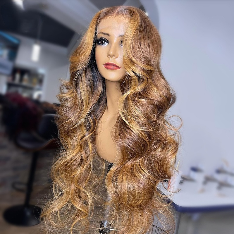 Free shipping 40 inch Brazilian Human Hair Ombre Highlight Body Wave Wigs Blonde 13X4 Lace Front HD Frontal Synthetic Wig For Women 220%