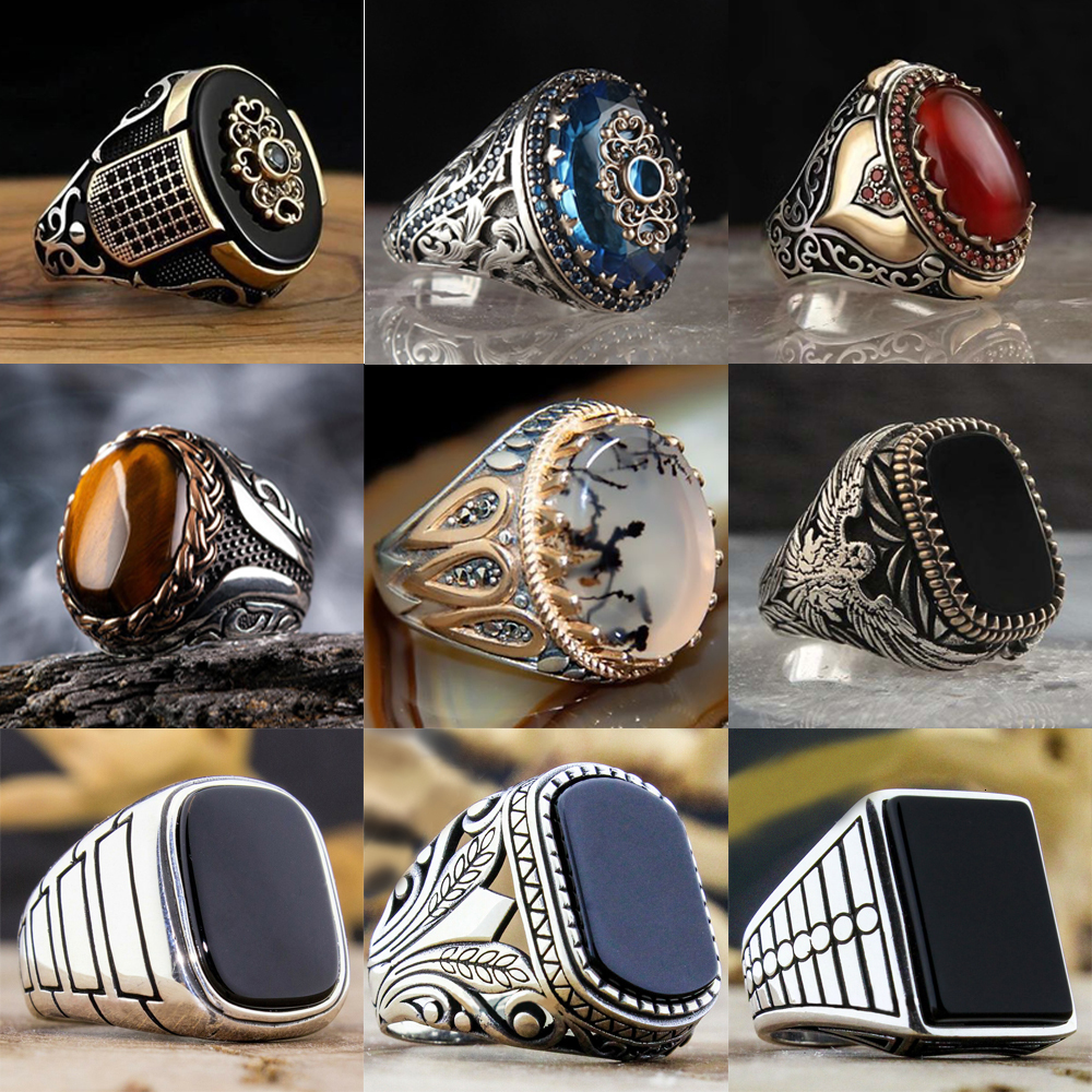 Wedding Rings Retro Men Ring 9 Style Trendy Inlaid Black Zircon Handmade Turkish Punk Metal Carving Pattern Vintage Jewelry Party Gift 230926